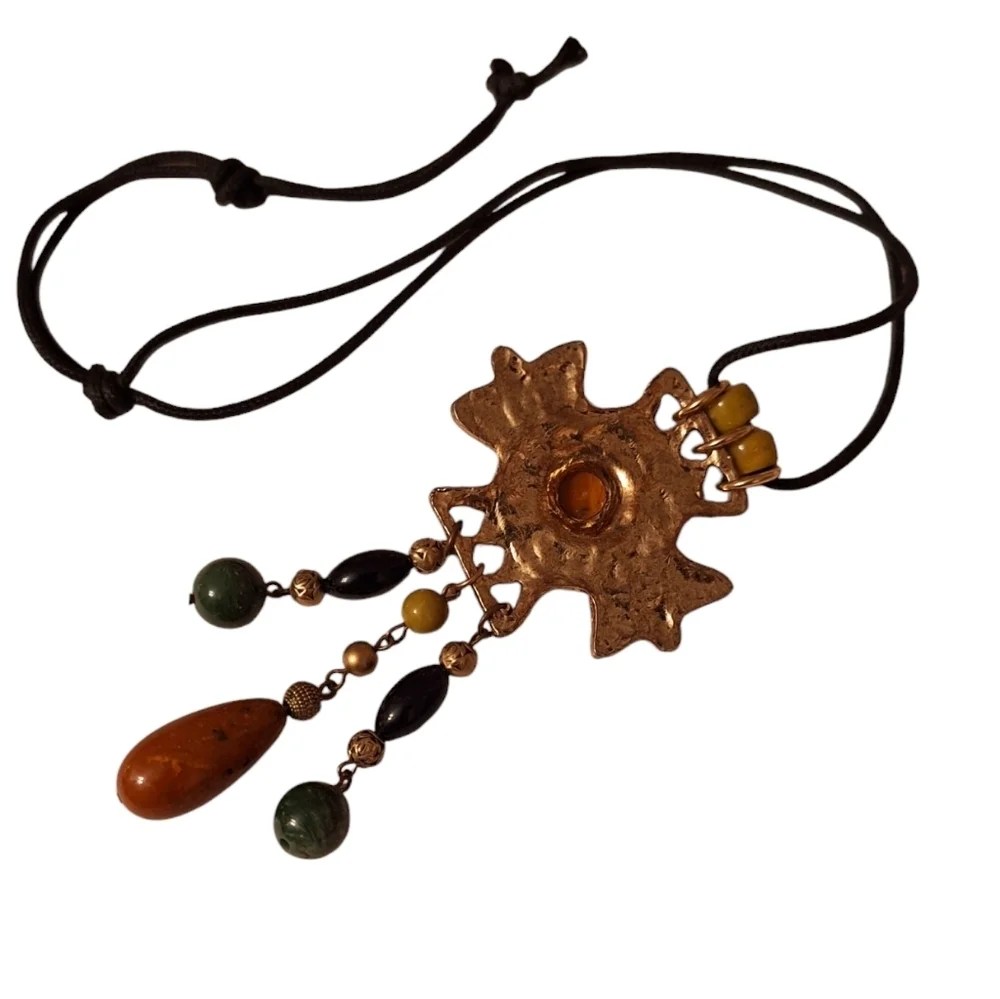 Beaded Amulet Pendant Dangle Tassel Necklace Black Corded Bohemian Must Have